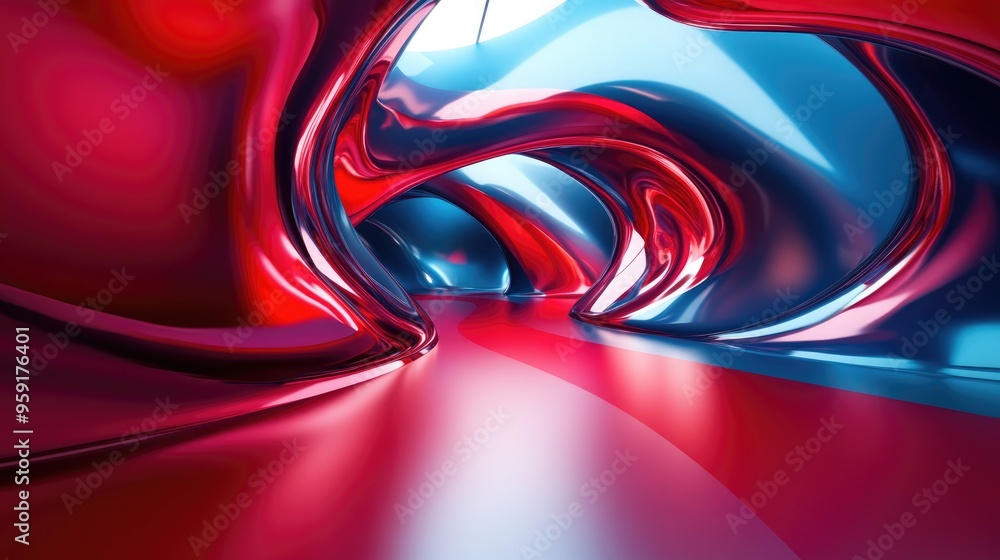 Poster dynamic interior featuring smooth red and blue objects 3d illustration and rendering