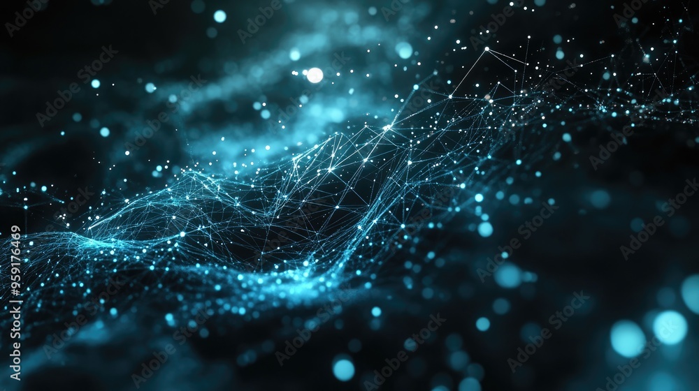 Poster futuristic technology concept featuring a dark background with chaotic lines and dots illustrating a