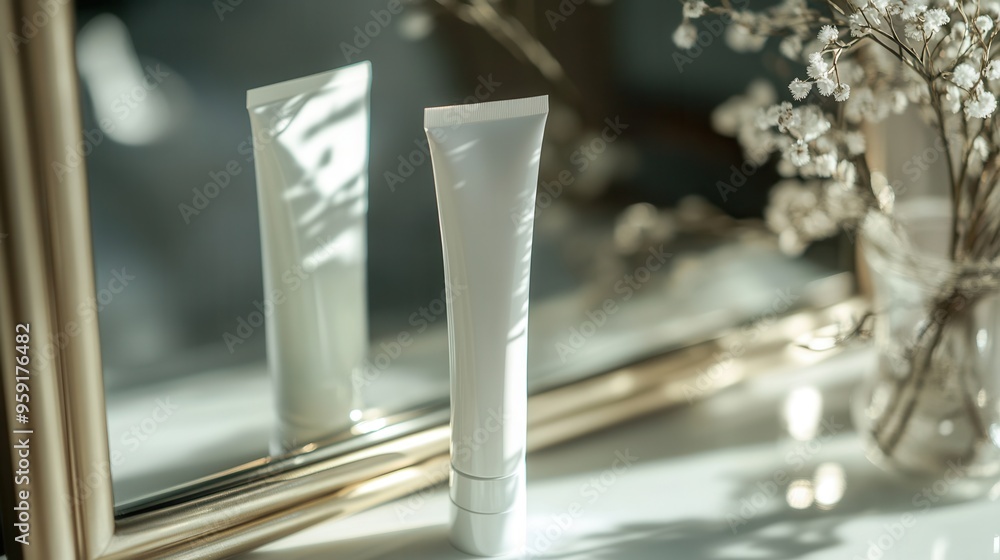 Aufkleber A tube of cream is placed near a mirror, reflecting its sleek design while surrounded by soft lighting and gentle decorative elements. Generative AI