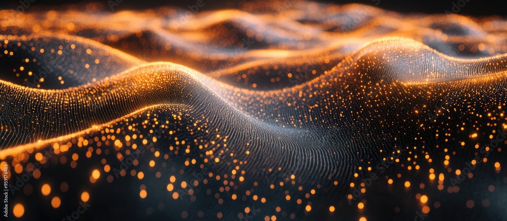 Poster futuristic background featuring a dynamic wave of luminous points ideal for digital technology prese