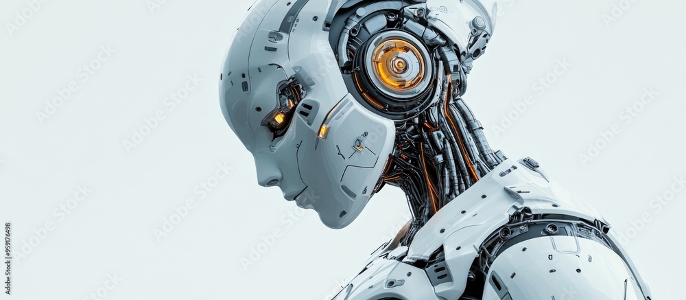 Poster profile image of a large robotic figure against a white background shown in a side view 3d rendered 