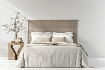 Coastal Themed Light Grey Linen Headboard with Wood Accents