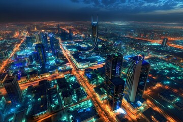 Obraz premium Nighttime Aerial View of a Cityscape with Illuminated Buildings and Streets