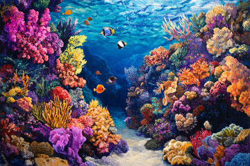 Fototapeta premium A vibrant ocean bottom scene showcasing a thriving coral reef with an abundance of marine life. The colorful corals and sponges create a rich tapestry of textures and colors, with fish swimming in and