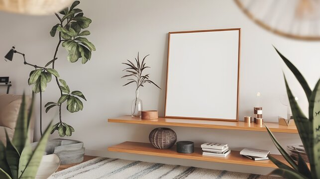 A modern living room with a white wall and a wooden shelf. There is a square empty mock-up poster frame on the shelf.