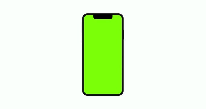 Mobile phone with blank green screen, front view, Smartphone isolated on white background. 4K animation with camera track motion for presentation on mockup screen