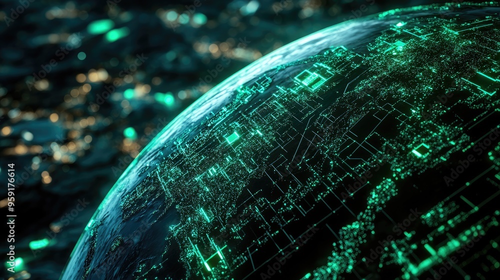 Poster green model of earth featuring a network design at night represents concepts of digital technology c