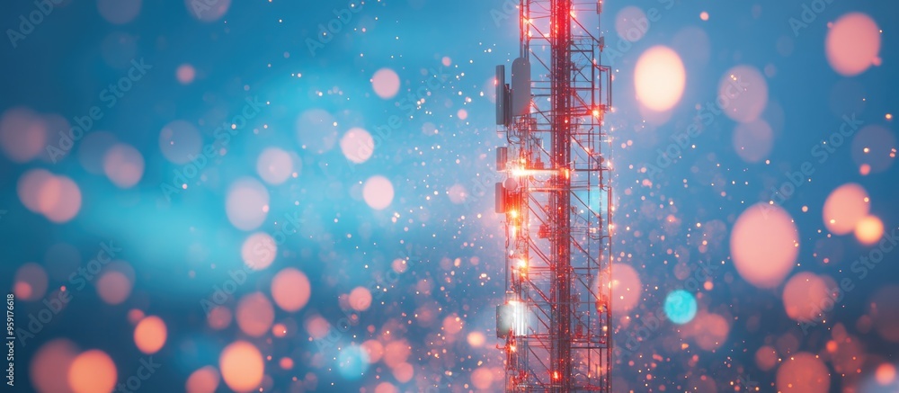 Poster blurred cell phone tower creating a background for communication technology imagery