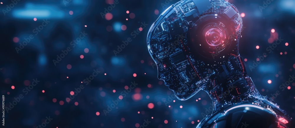 Poster conceptual image representing artificial intelligence with text and associated symbols