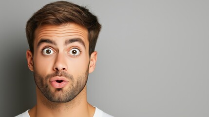 Fototapeta premium A man with a surprised expression on his face. He is wearing a white shirt. Concept of surprise and curiosity