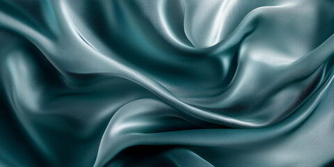 Obraz premium A modern abstract background with flowing 3D silk fabric in gradient shades of teal to soft grey. The fabricâ€™s smooth waves add a contemporary, calming touch.