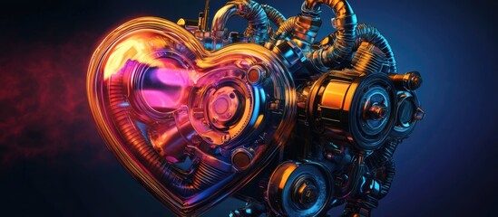 Steampunk inspired heart shaped motor illustration in a vibrant pop art style