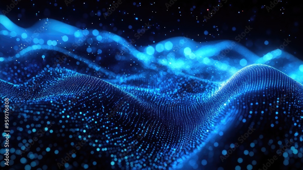 Poster dynamic abstract wave composed of numerous dots and particles representing a technology or science t