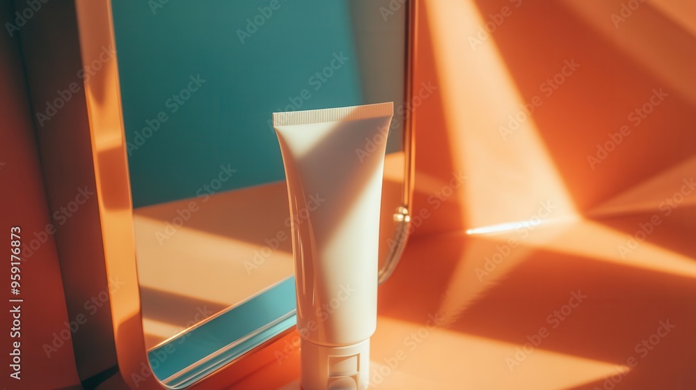 Aufkleber a tube of cream stands upright, reflecting softly in a mirror against a vibrant backdrop illuminated
