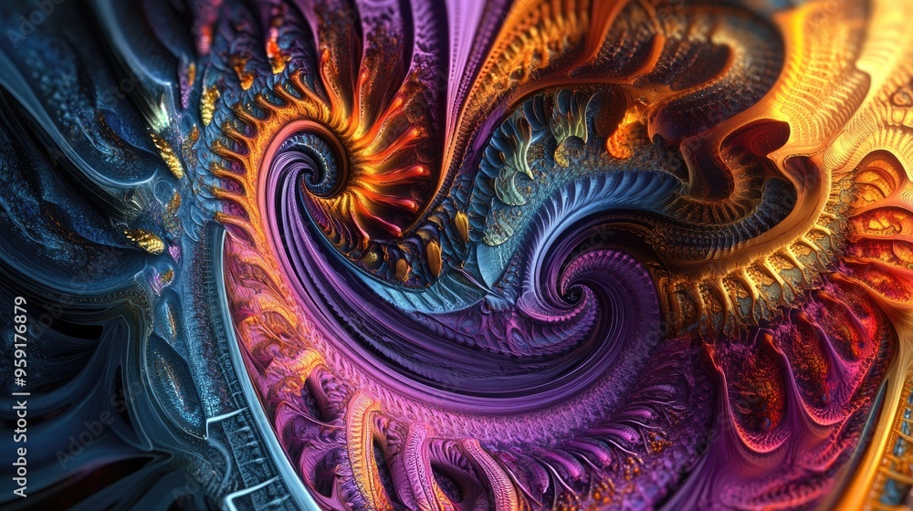Poster abstract digital fractal design with a fantasy theme featuring intricate patterns and vibrant colors
