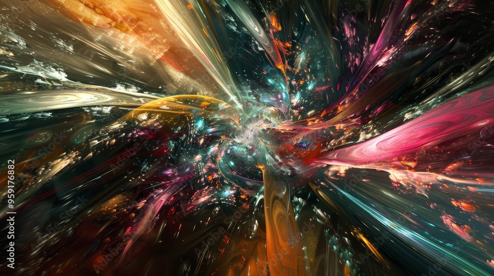 Poster vibrant explosion of colors in a cosmic landscape with swirling patterns and dynamic light effects a
