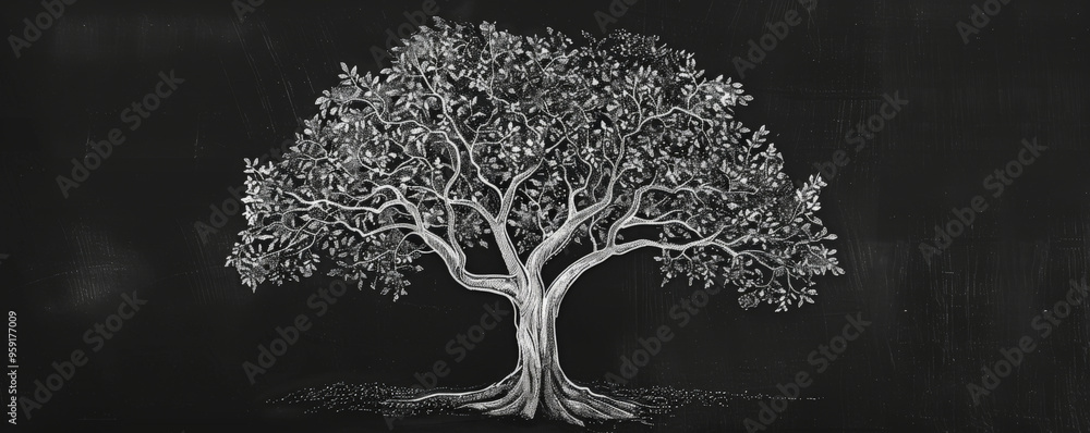 Poster a simple white line drawing on a black background of a tree with thick foliage and a strong trunk. t