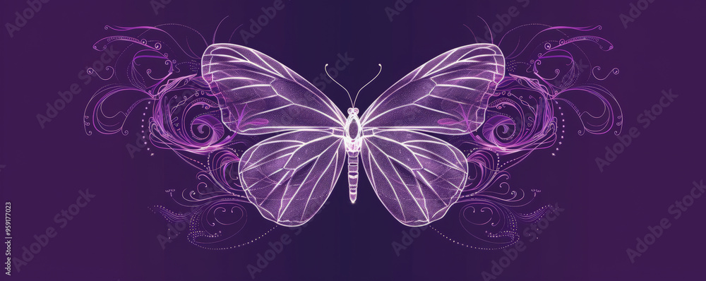 Poster a simple white line drawing on a deep purple background of a butterfly with delicate wings. the vibr