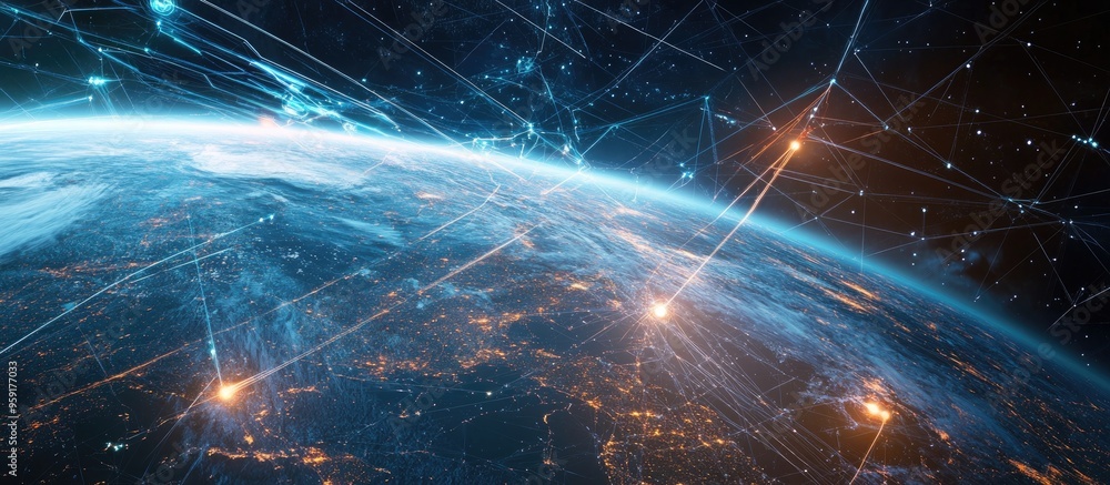 Poster 3d visualization of connected systems featuring 5g and blockchain technology set against a graphic r