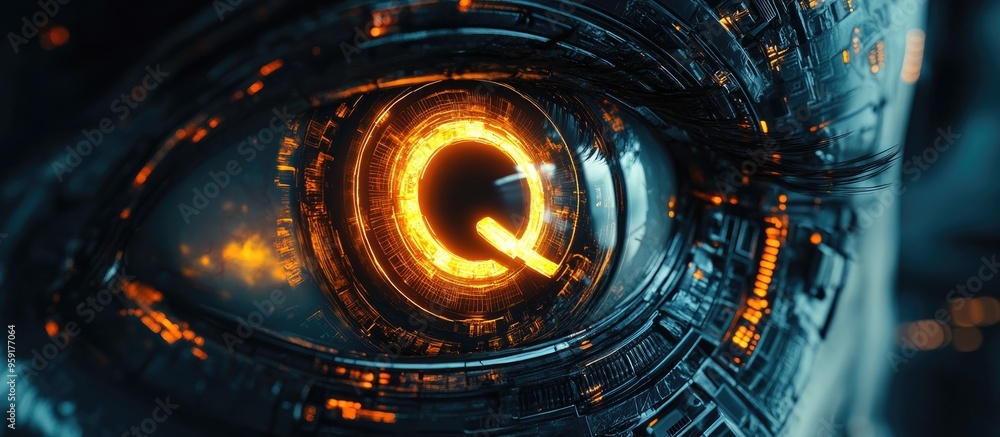 Poster cyborg eye design featuring the letter q in an infinity light style three dimensional rendering