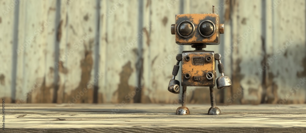 Poster a small robot constructed from various bolts and nuts stands upright on a wooden table representing 