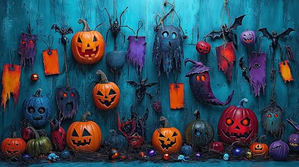   A table with bats and jack-o-lanterns sits beside a group of pumpkins