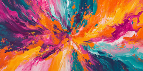 Obraz premium A dynamic explosion of colorful acrylic paints in bold shades of magenta, cyan, and orange. The paints burst outward in a high-energy, abstract pattern with a smooth flow.