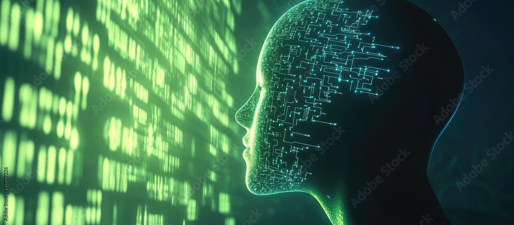 Poster futuristic 3d rendering of a creative circuit head silhouette against a backdrop of binary code repr