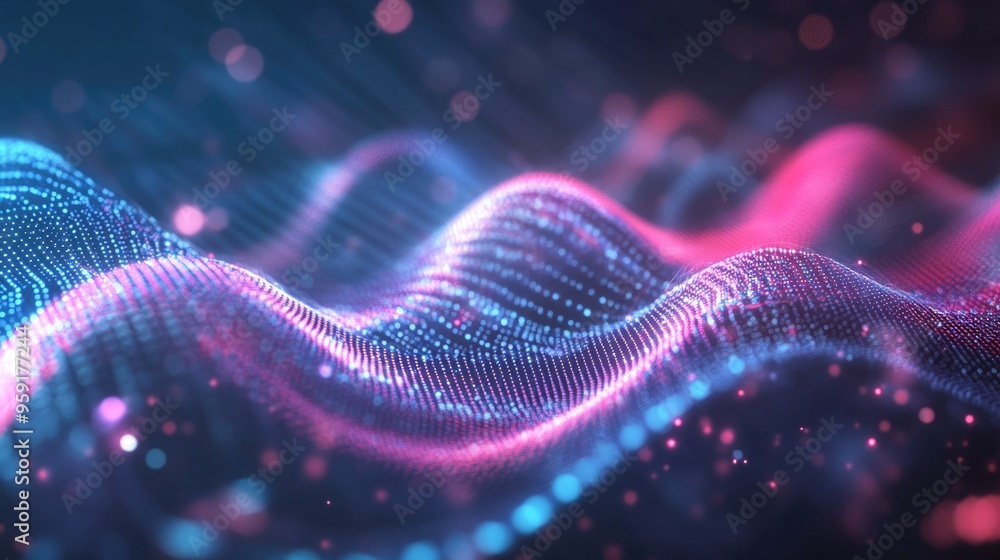 Poster abstract sound wave particles and music equalizer in a 3d rendering representing signal transmission