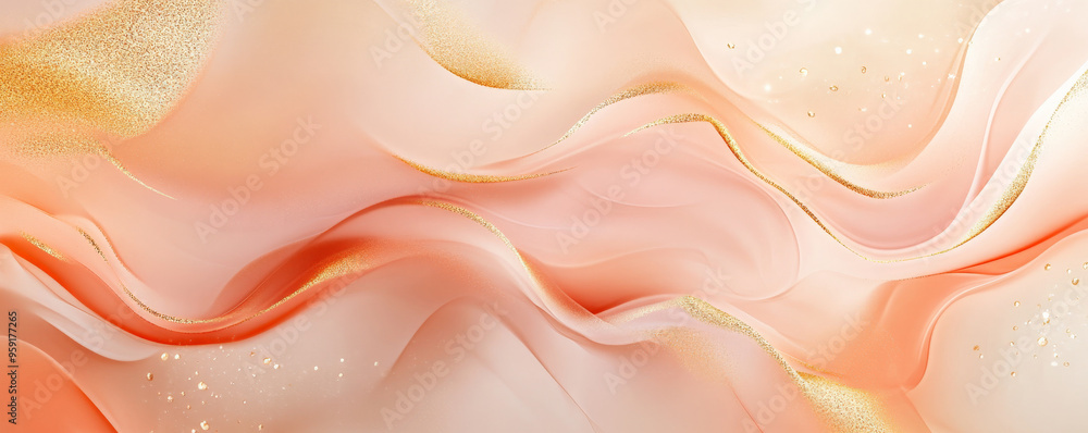 Poster a stylish abstract background with flowing shapes in soft peach and gold. the design features a smoo