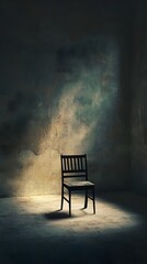 An empty room with a single chair in the center, a dim light casting shadows, symbolizing isolation and emotional pain