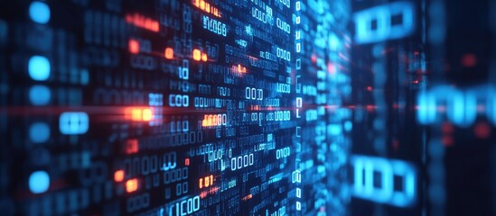 Fototapeta premium Digital technology concept highlighting cybersecurity measures against online threats Data analytics and science represented by binary code polygons on a dark blue backdrop