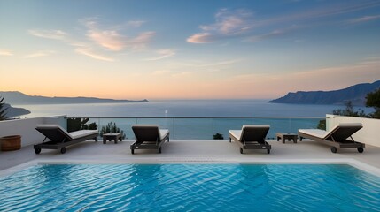 A terrace in a villa with sunbeds and a swimming pool with clear blue water. The terrace has a stunning sea view and a blue sky. The background contains mountains.