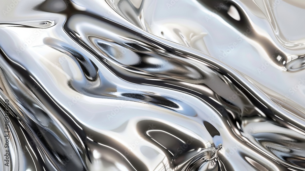 Poster shimmering liquid metal flowing gracefully in abstract patterns under soft light conditions