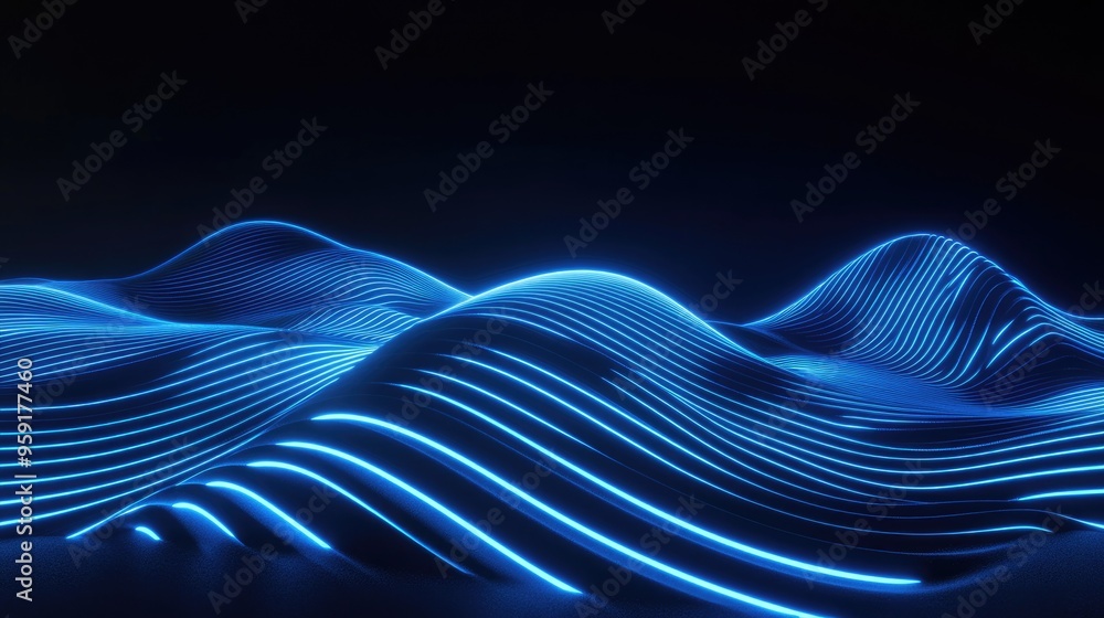 Poster 3d render of an abstract minimal neon background featuring a glowing wavy line a dark surface is ill