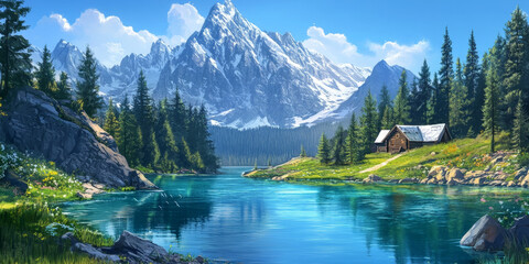 A tranquil cartoon backdrop of a mountain lake with snow-capped peaks, clear water, and a small cabin nestled among the trees. The scene is peaceful and serene.