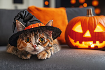 Adorable Cat in Witch Hat with Jack-O'-Lantern for Halloween