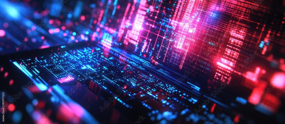 Poster multi layered exposure of an abstract hologram representing software development on a laptop backdro