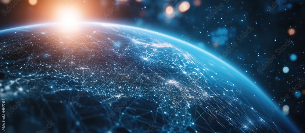 Poster abstract background featuring planet earth suspended in cyberspace with interconnected data networks