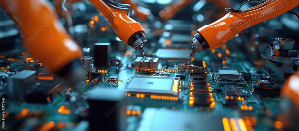 Poster close up of precision robotic arms on an automated assembly line for printed circuit boards in a mod