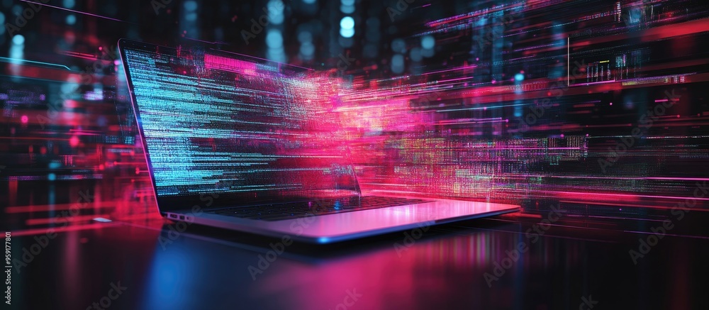 Poster abstract creative coding concept featuring multiple exposures on a modern laptop background