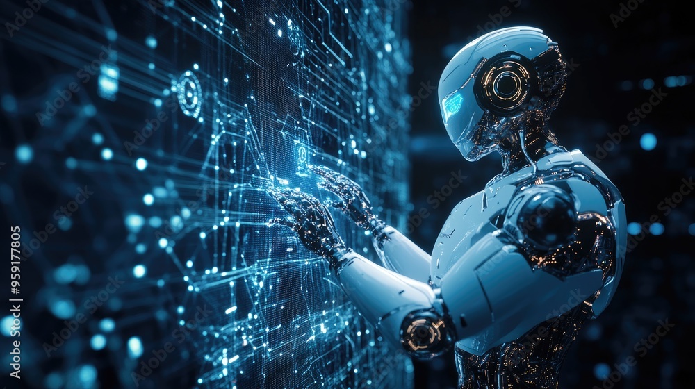 Poster futuristic robot interacts with a luminous hud interface showcasing connections to vast data network