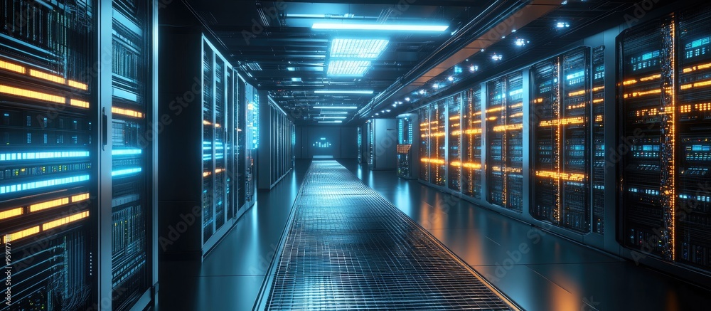 Poster supercomputer and rack mounted servers in a datacenter represent modern telecommunications and artif