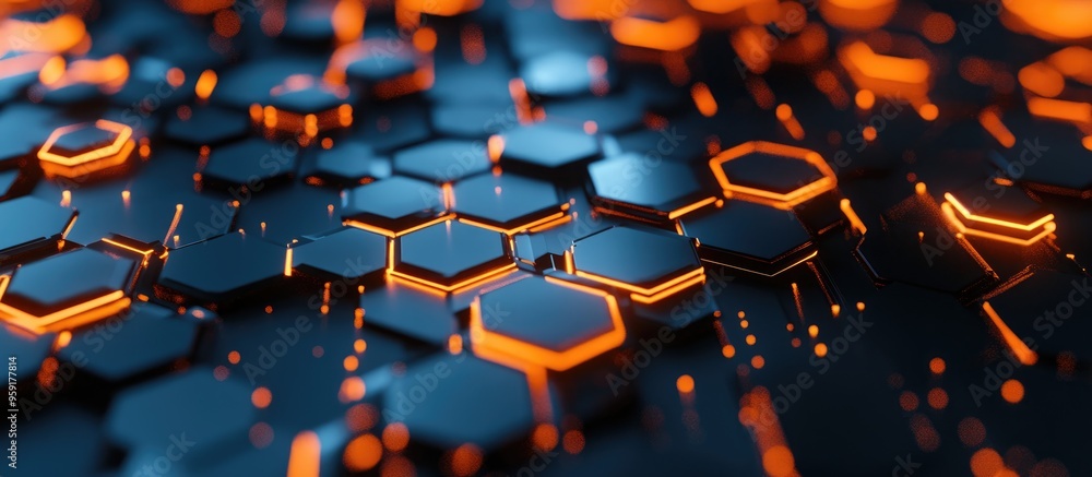 Poster abstract technology backdrop featuring hexagonal patterns and soft glowing lines against a dark back