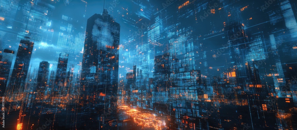 Poster holographic data visualization overlaid on a city skyline featuring skyscrapers showcasing the conce
