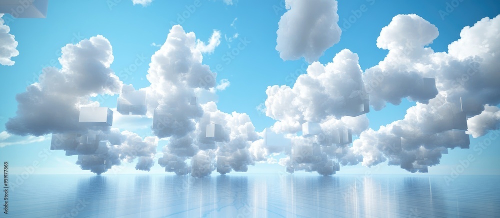 Poster virtual computing against a white cloud filled sky on a blue backdrop representing cloud technology 