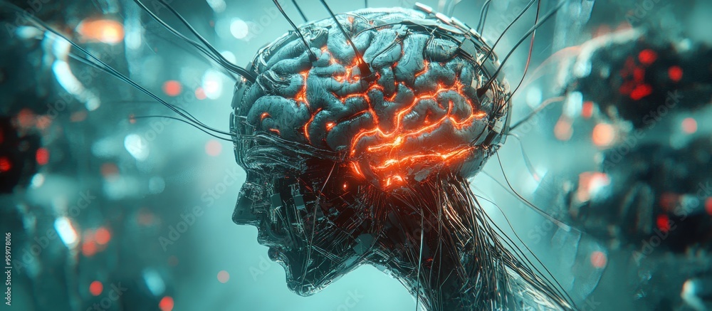 Poster cybernetic brain with wired neural network three dimensional illustration of a cyborg robot s eterna