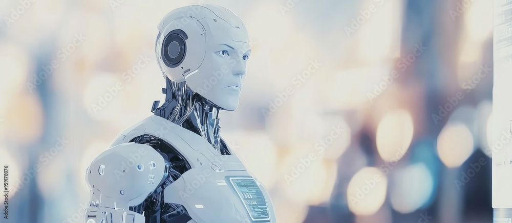 Poster white robot with a male appearance interacting with a digital screen interface set against a blurred