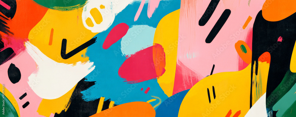 Poster abstract backdrop with a playful mix of bright, overlapping shapes and lines in various colors. the 