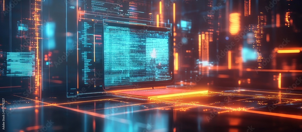 Poster technology themed illustration featuring a computer and a table double exposure representation of in